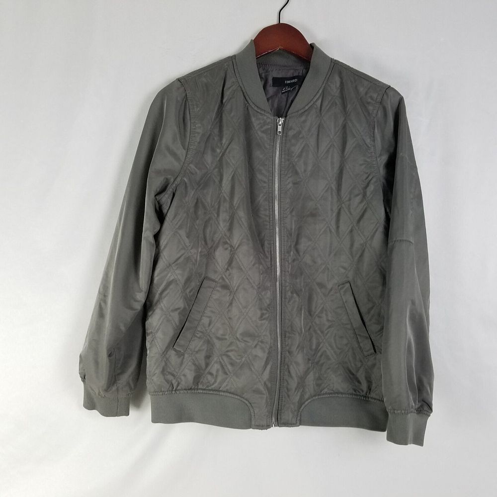Forever 21 Jacket Womens Large Gray Quilted Full Zip Long Sleeve Pockets